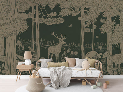 Monochrome Forest - Green Vintage luxury wallpaper in kids room interior — Artehub Egypt