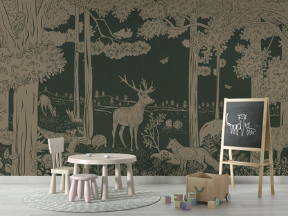 Monochrome Forest - Green Vintage luxury wallpaper in kids room interior — Artehub Egypt