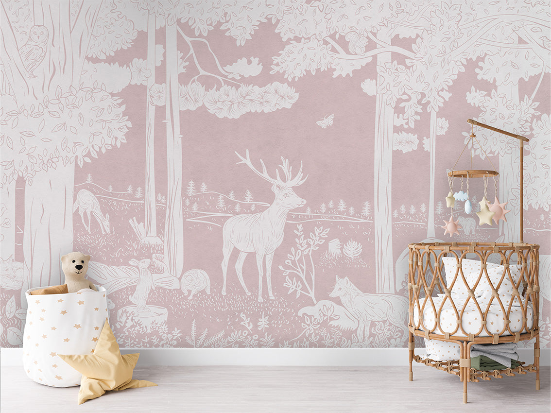 Monochrome Forest - Pink luxury wallpaper in kids room interior — Artehub Egypt