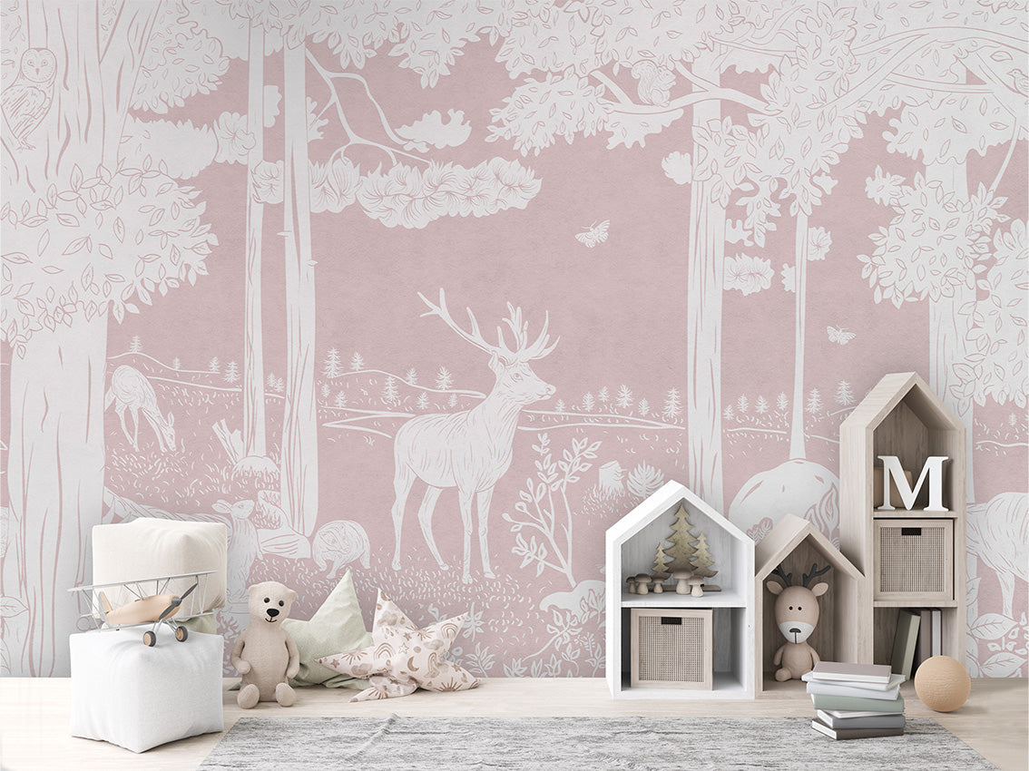 Monochrome Forest - Pink luxury wallpaper in kids room interior — Artehub Egypt