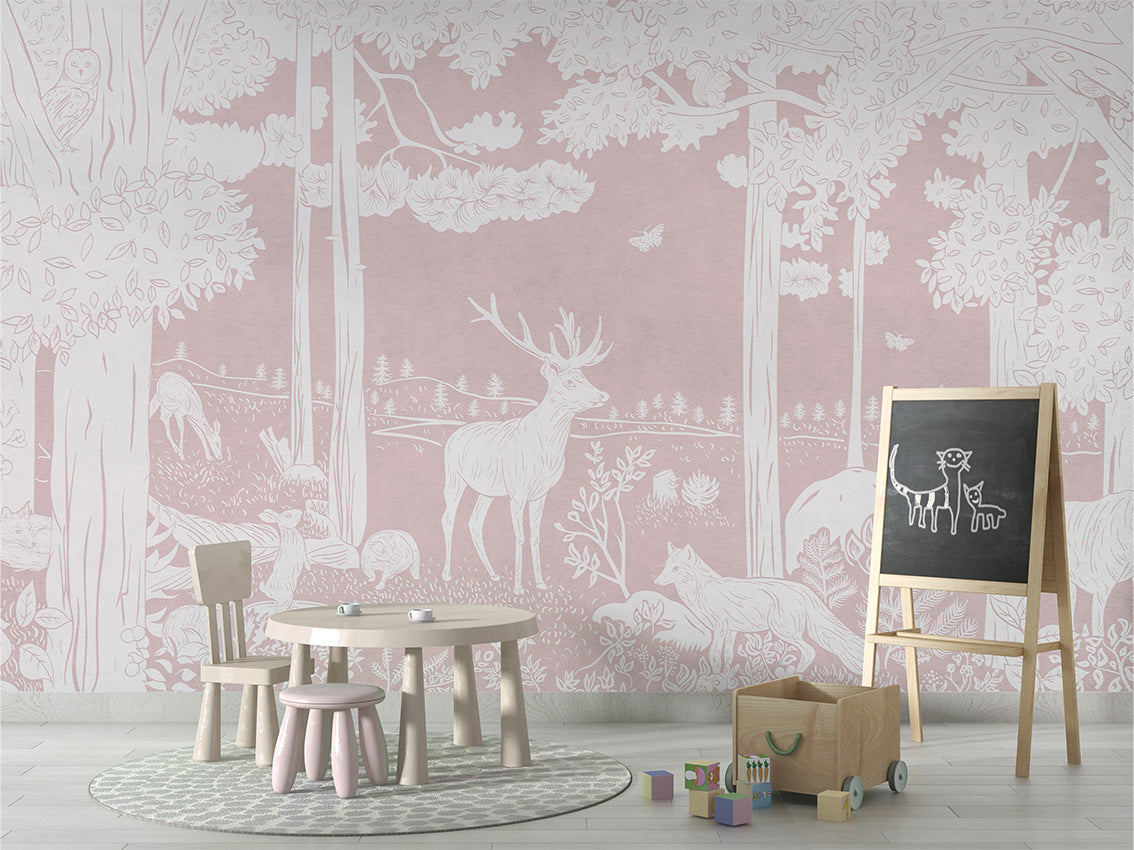 Monochrome Forest - Pink luxury wallpaper in kids room interior — Artehub Egypt