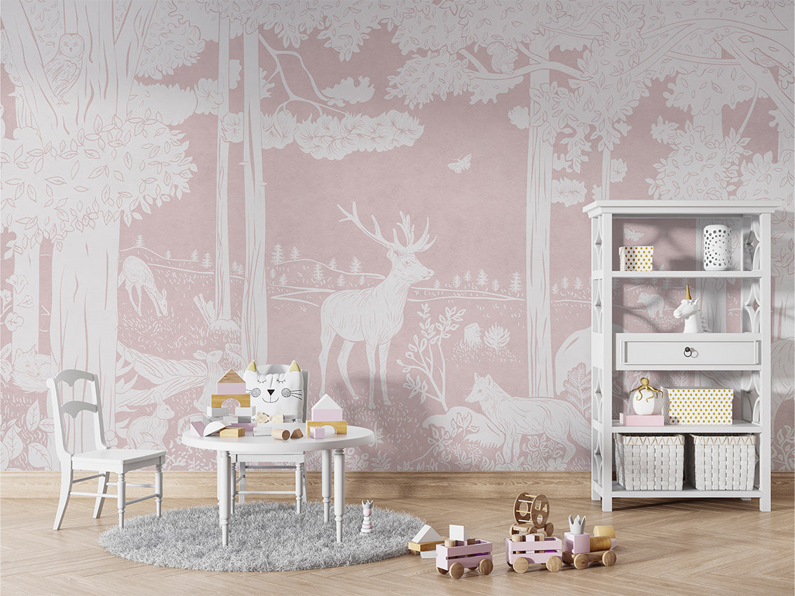 Monochrome Forest - Pink luxury wallpaper in kids room interior — Artehub Egypt