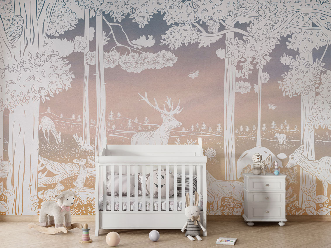 Monochrome Forest - Pink Sky luxury wallpaper in kids room interior — Artehub Egypt