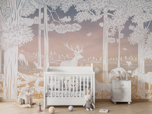 Monochrome Forest - Pink Sky luxury wallpaper in kids room interior — Artehub Egypt
