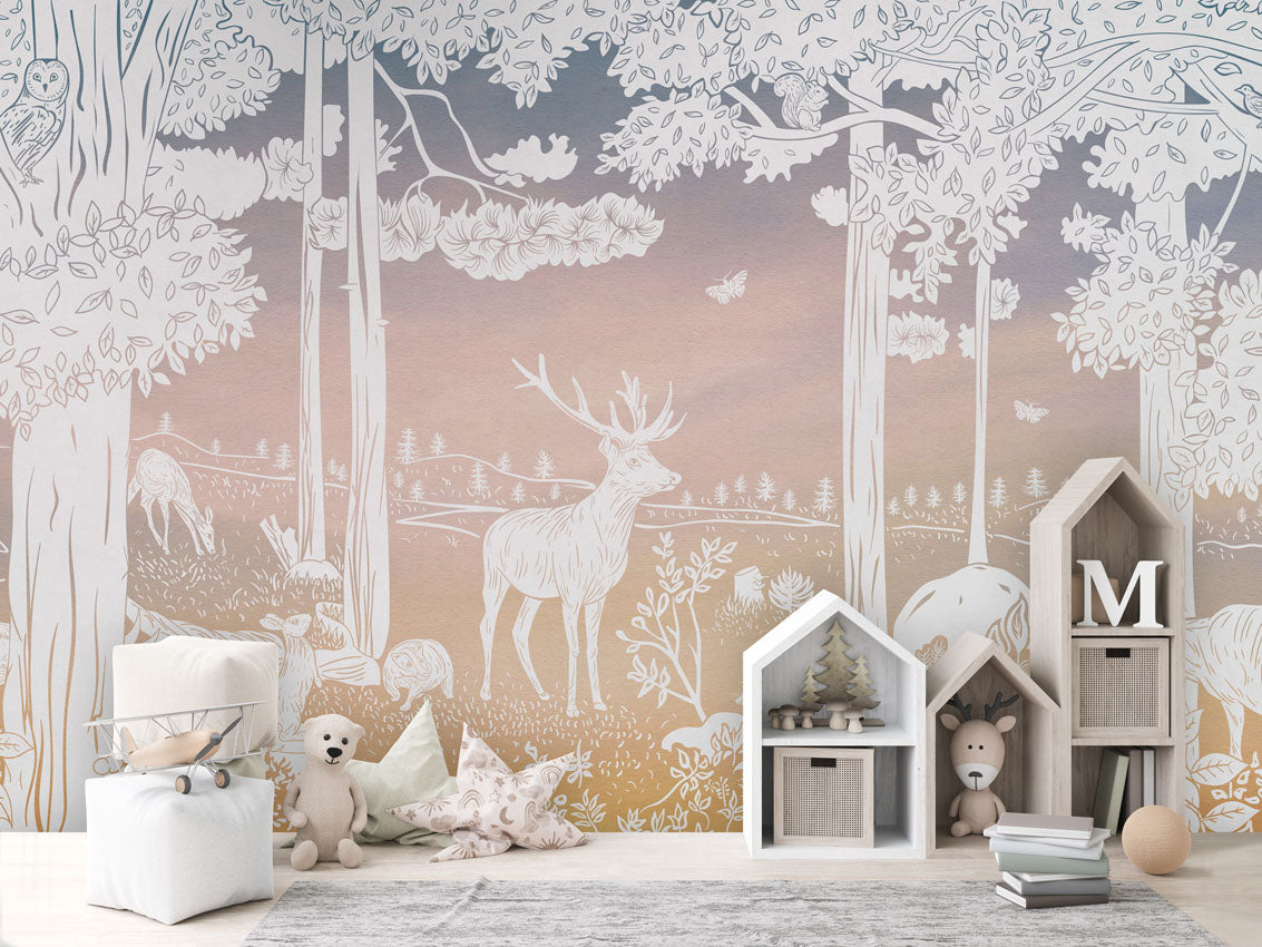 Monochrome Forest - Pink Sky luxury wallpaper in kids room interior — Artehub Egypt