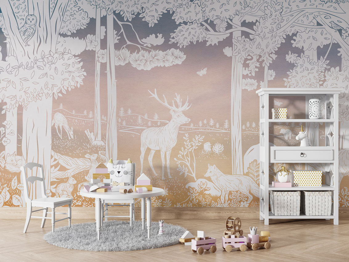 Monochrome Forest - Pink Sky luxury wallpaper in kids room interior — Artehub Egypt