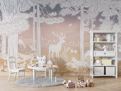Monochrome Forest - Pink Sky luxury wallpaper in kids room interior — Artehub Egypt