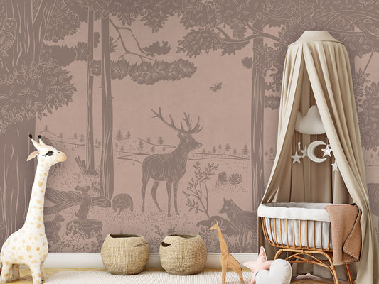 Monochrome Forest - Pink Vintage luxury wallpaper in kids room interior — Artehub Egypt