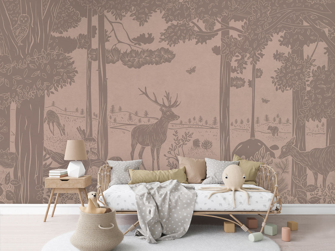 Monochrome Forest - Pink Vintage luxury wallpaper in kids room interior — Artehub Egypt