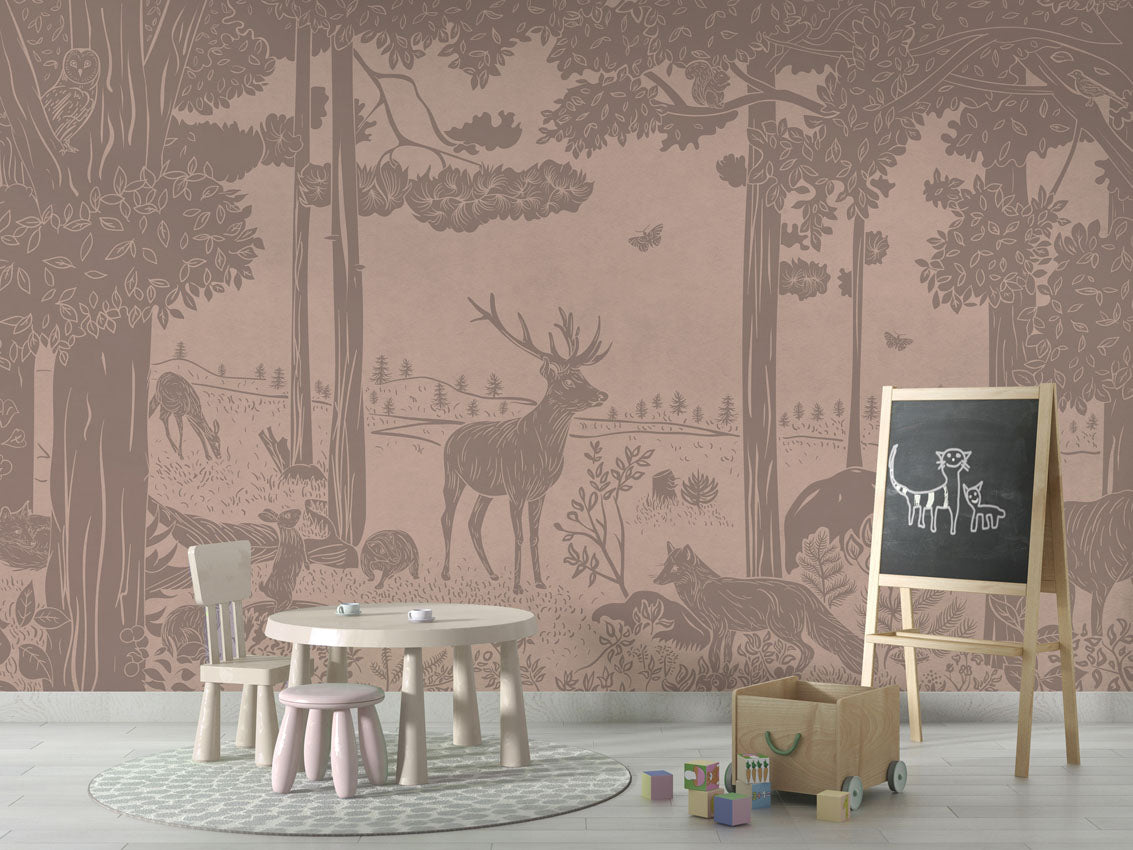 Monochrome Forest - Pink Vintage luxury wallpaper in kids room interior — Artehub Egypt