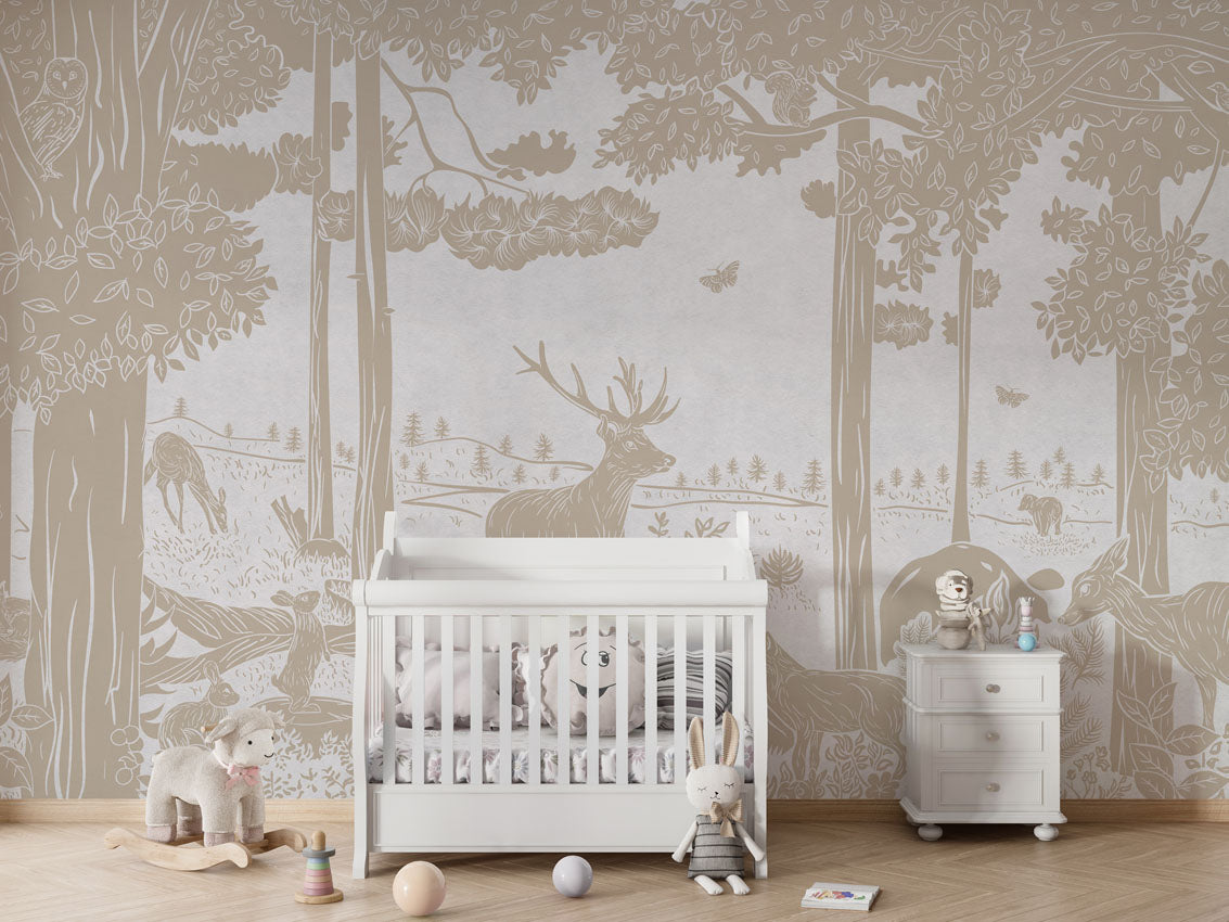 Monochrome Forest - White Vintage luxury wallpaper in kids room interior — Artehub Egypt