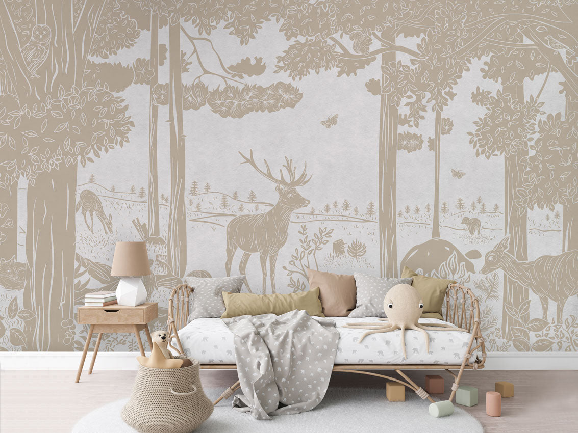 Monochrome Forest - White Vintage luxury wallpaper in kids room interior — Artehub Egypt