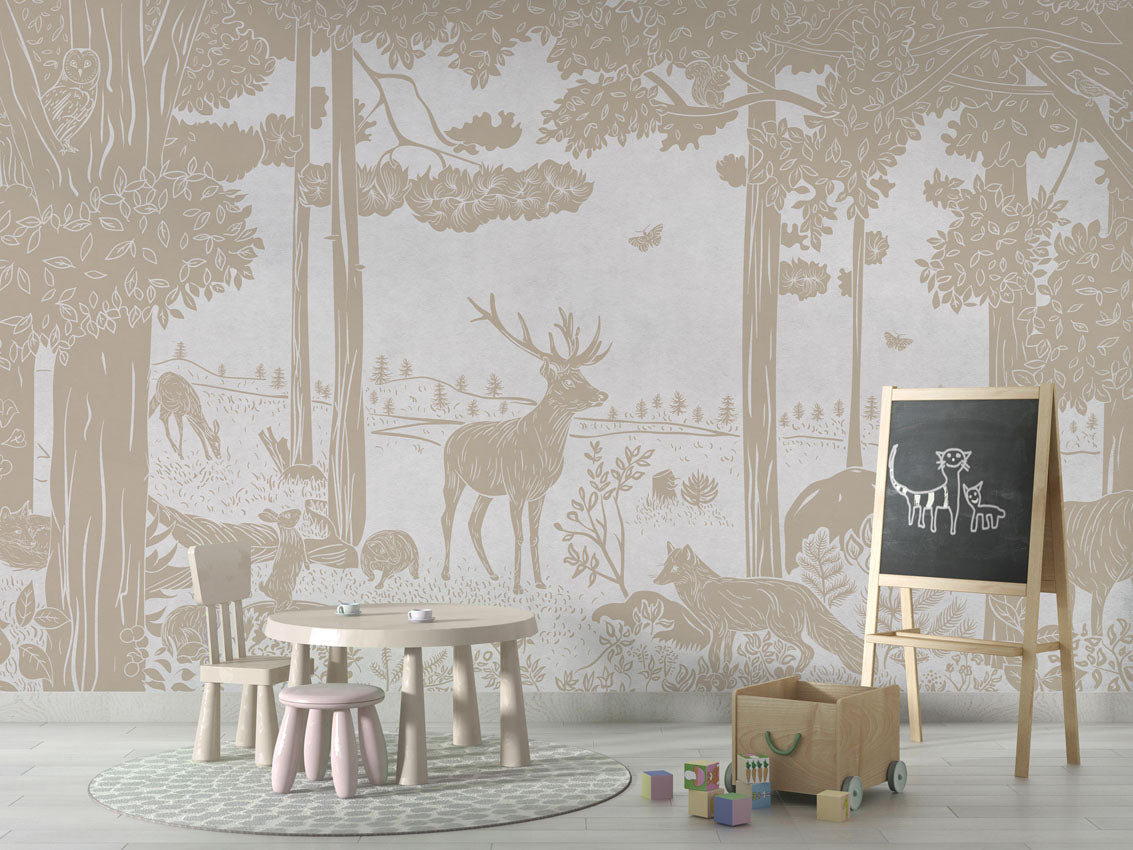 Monochrome Forest - White Vintage luxury wallpaper in kids room interior — Artehub Egypt