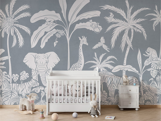 Monochrome Jungle - Blue luxury wallpaper in kids room interior — Artehub Egypt