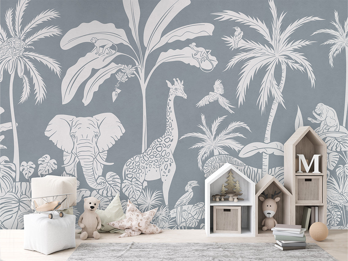 Monochrome Jungle - Blue luxury wallpaper in kids room interior — Artehub Egypt
