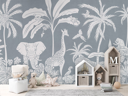 Monochrome Jungle - Blue luxury wallpaper in kids room interior — Artehub Egypt