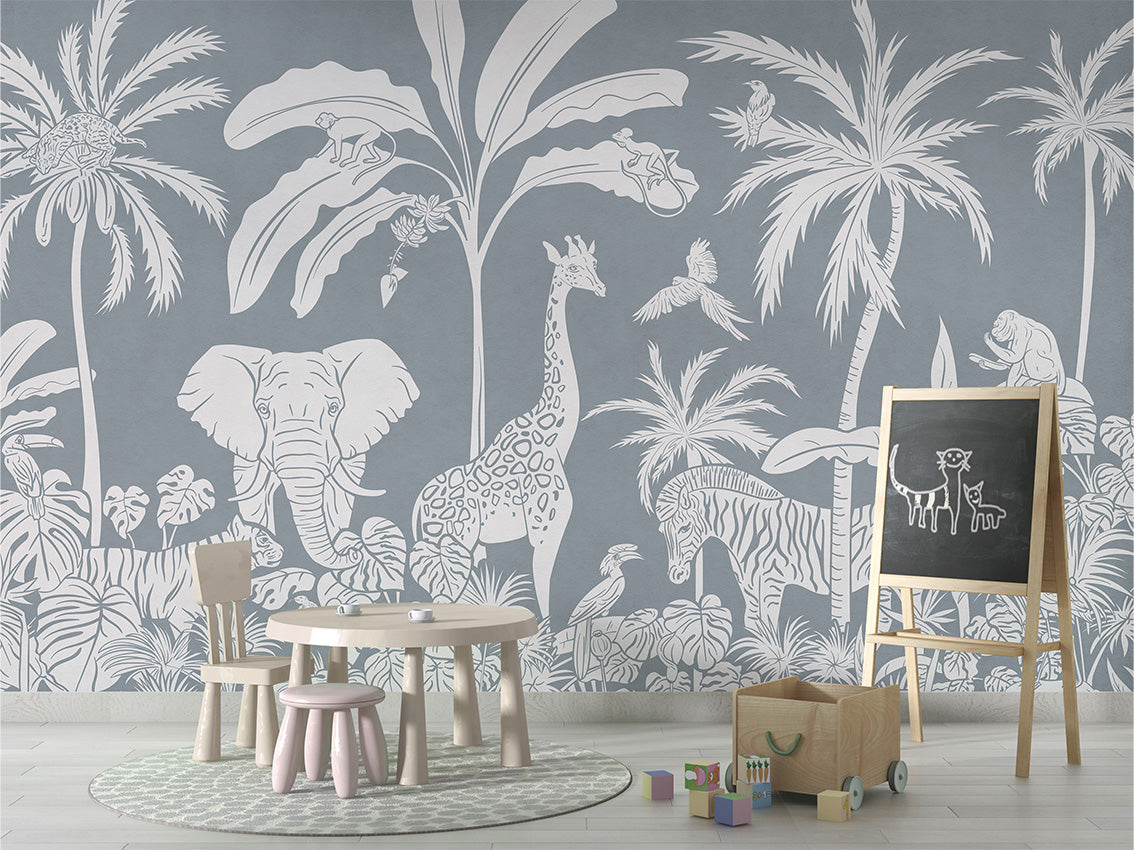 Monochrome Jungle - Blue luxury wallpaper in kids room interior — Artehub Egypt