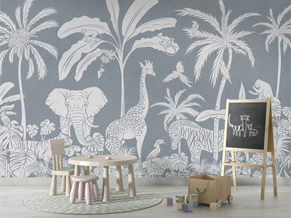 Monochrome Jungle - Blue luxury wallpaper in kids room interior — Artehub Egypt