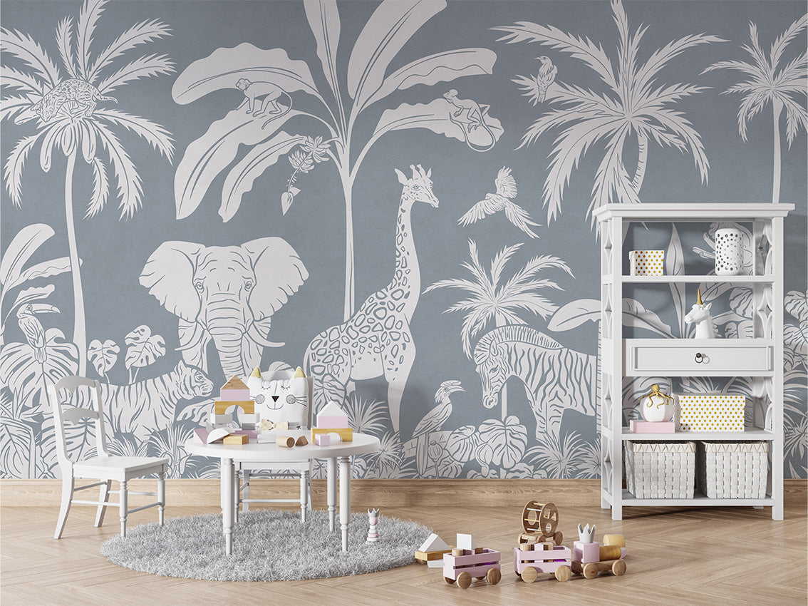 Monochrome Jungle - Blue luxury wallpaper in kids room interior — Artehub Egypt