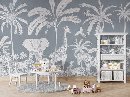 Monochrome Jungle - Blue luxury wallpaper in kids room interior — Artehub Egypt