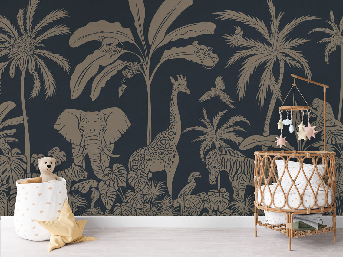 Monochrome Jungle - Blue Vintage luxury wallpaper in kids room interior — Artehub Egypt
