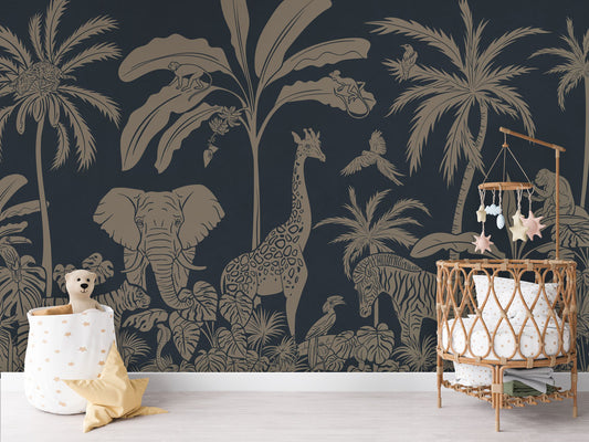 Monochrome Jungle - Blue Vintage luxury wallpaper in kids room interior — Artehub Egypt