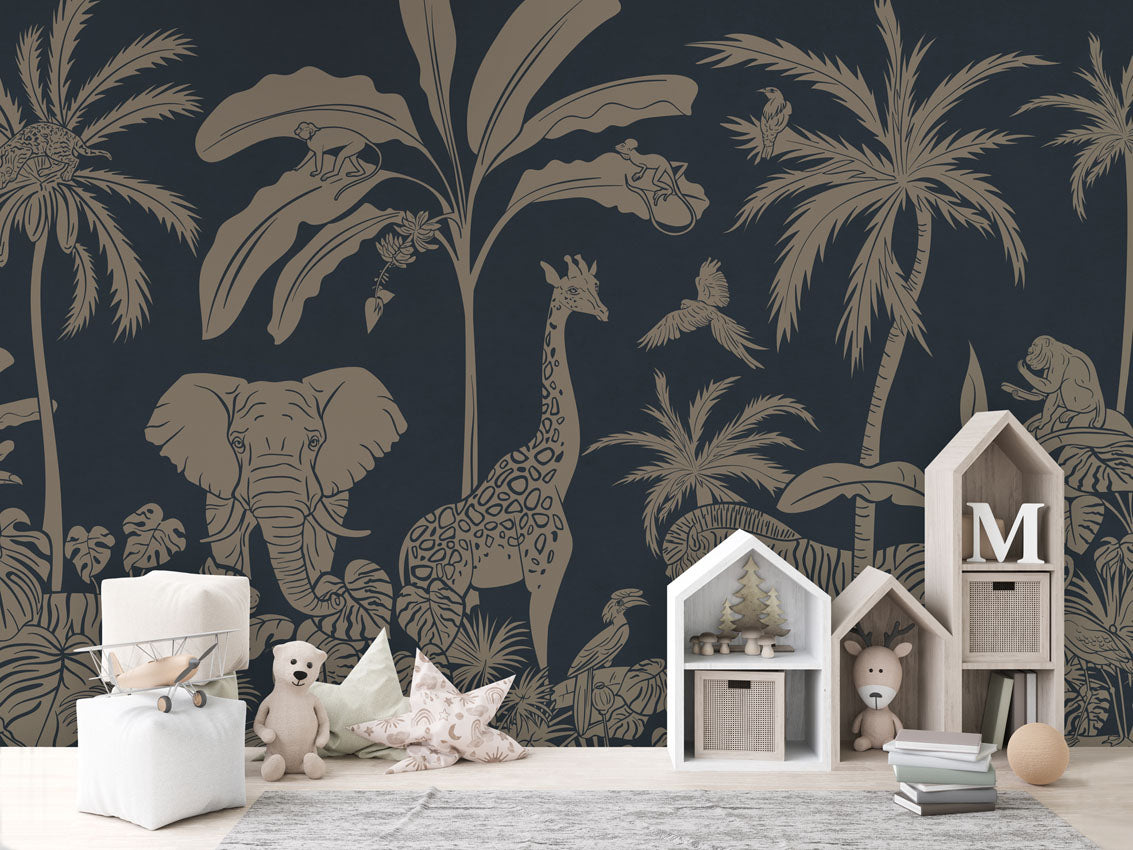 Monochrome Jungle - Blue Vintage luxury wallpaper in kids room interior — Artehub Egypt