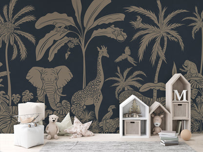 Monochrome Jungle - Blue Vintage luxury wallpaper in kids room interior — Artehub Egypt