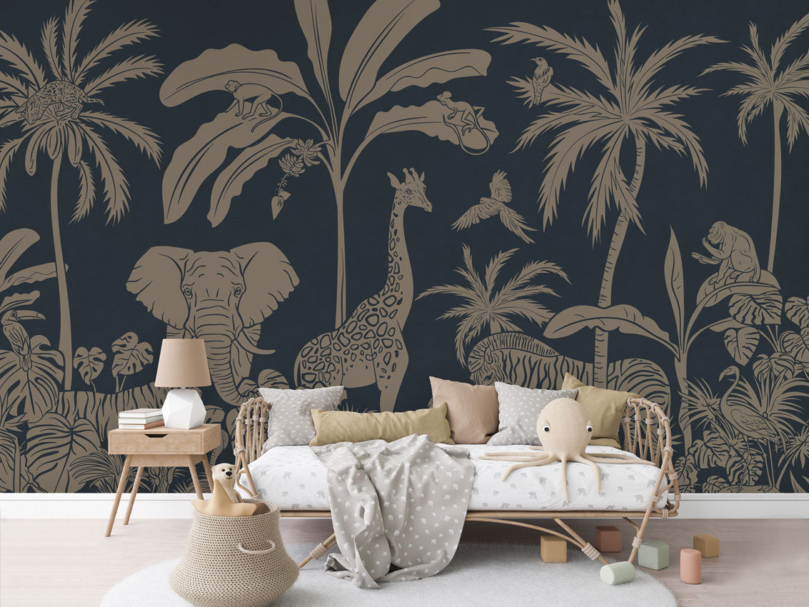 Monochrome Jungle - Blue Vintage luxury wallpaper in kids room interior — Artehub Egypt