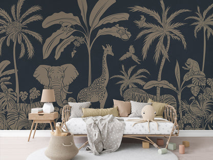 Monochrome Jungle - Blue Vintage luxury wallpaper in kids room interior — Artehub Egypt
