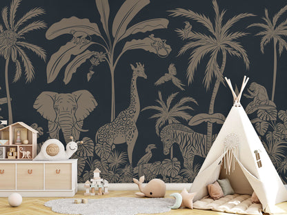Monochrome Jungle - Blue Vintage luxury wallpaper in kids room interior — Artehub Egypt