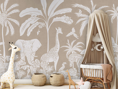 Monochrome Jungle - Brown luxury wallpaper in kids room interior — Artehub Egypt