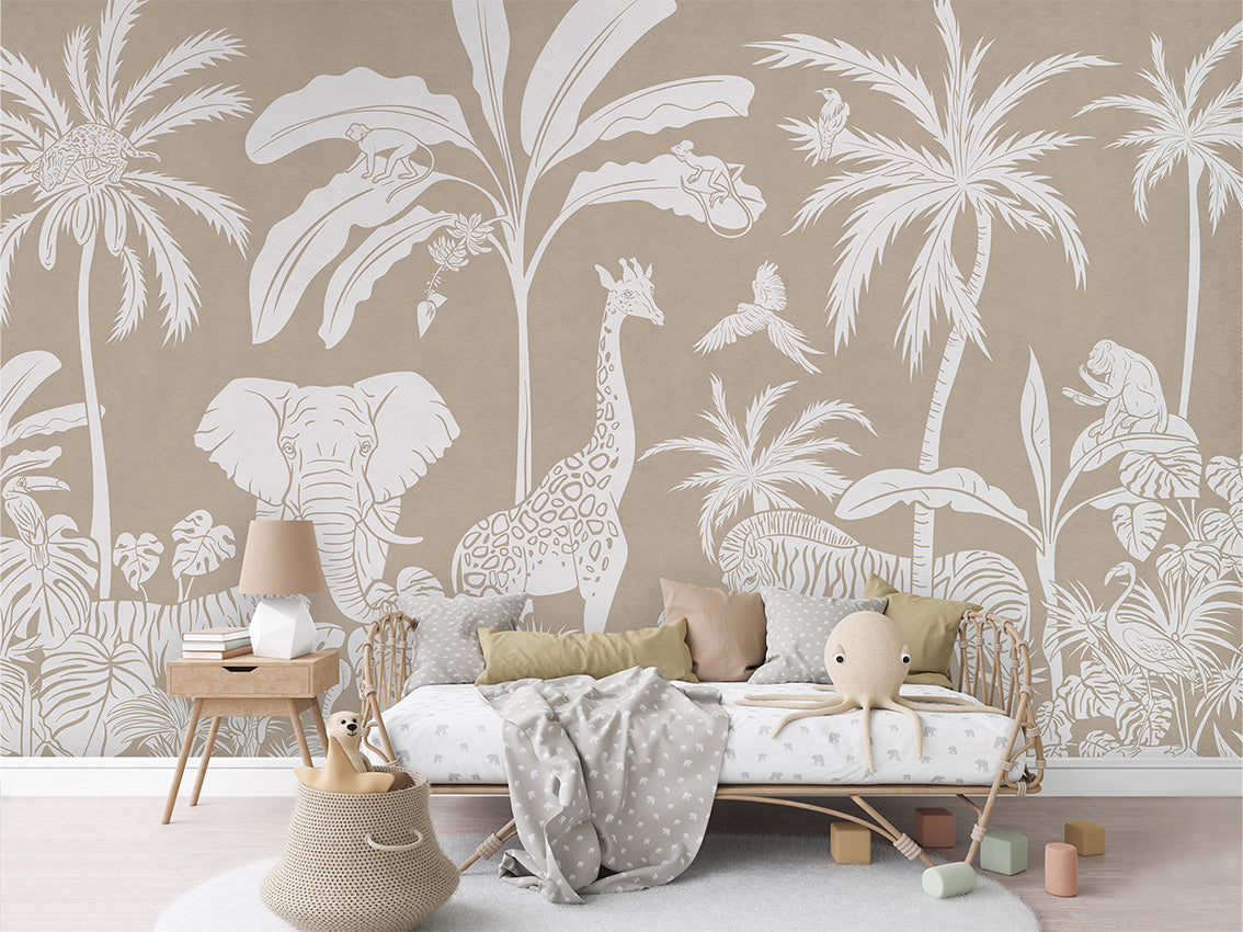 Monochrome Jungle - Brown luxury wallpaper in kids room interior — Artehub Egypt