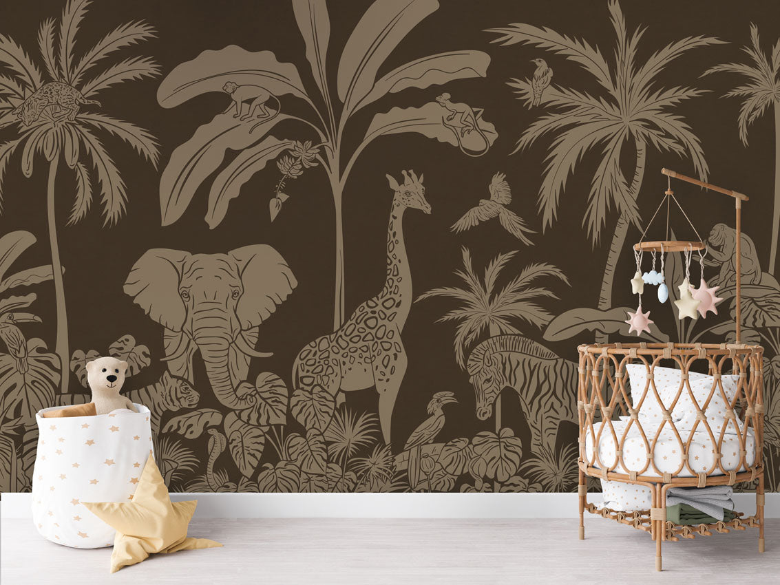 Monochrome Jungle - Brown Vintage luxury wallpaper in kids room interior — Artehub Egypt