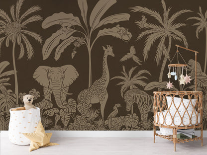 Monochrome Jungle - Brown Vintage luxury wallpaper in kids room interior — Artehub Egypt