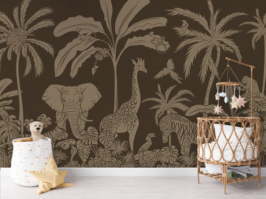 Monochrome Jungle - Brown Vintage luxury wallpaper in kids room interior — Artehub Egypt