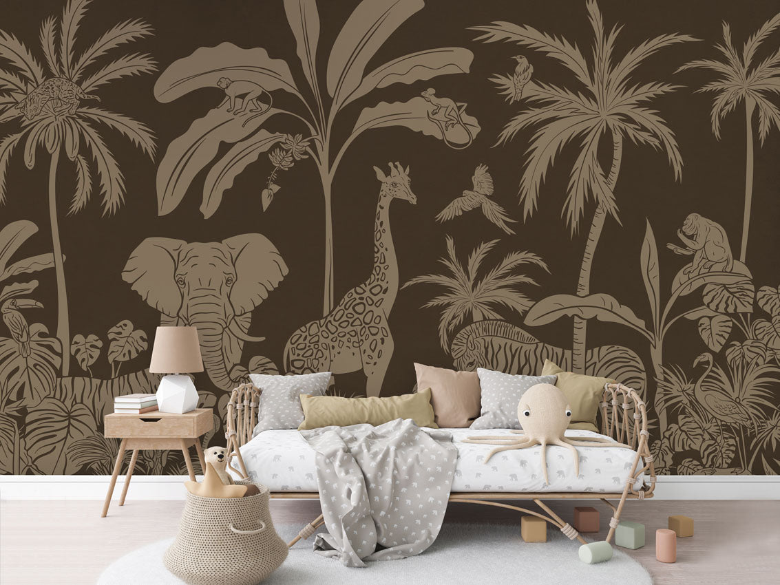 Monochrome Jungle - Brown Vintage luxury wallpaper in kids room interior — Artehub Egypt