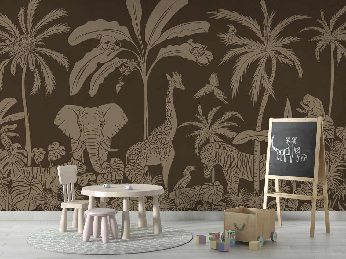 Monochrome Jungle - Brown Vintage luxury wallpaper in kids room interior — Artehub Egypt