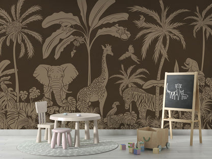 Monochrome Jungle - Brown Vintage luxury wallpaper in kids room interior — Artehub Egypt