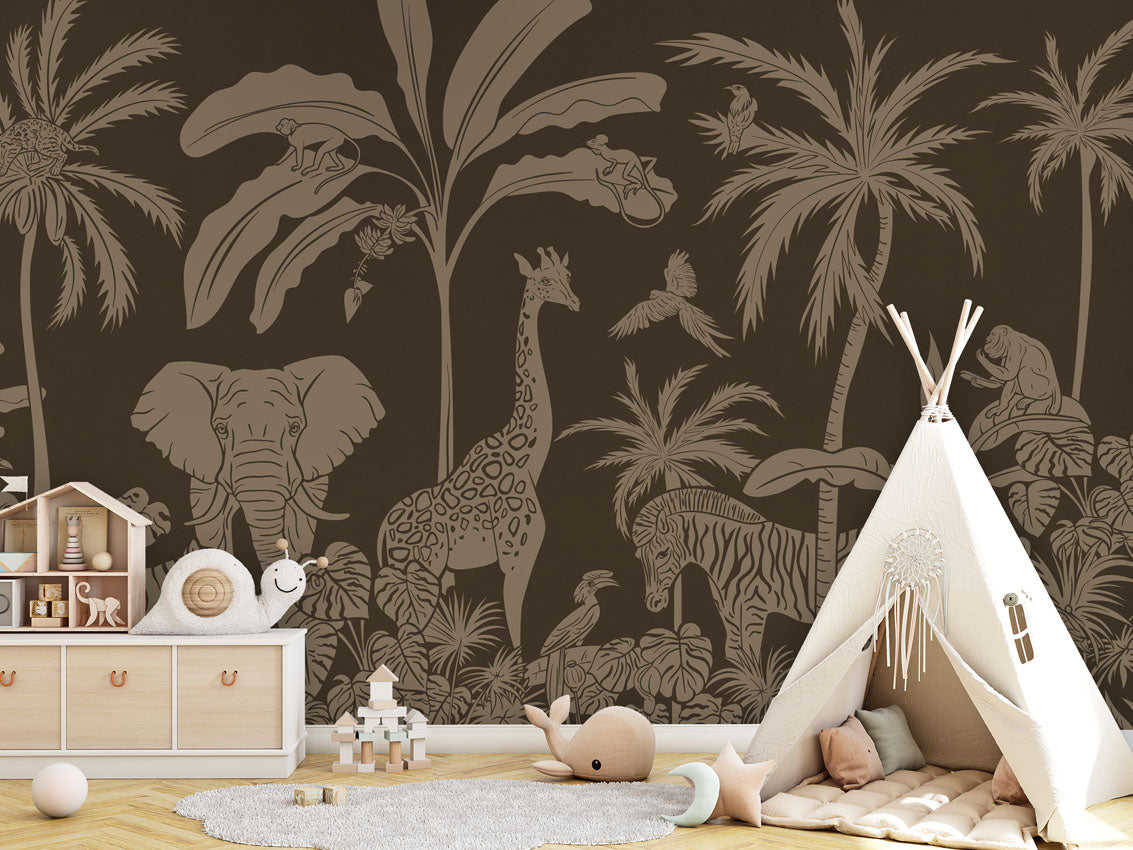 Monochrome Jungle - Brown Vintage luxury wallpaper in kids room interior — Artehub Egypt