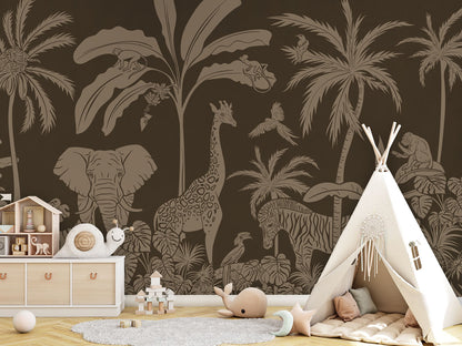 Monochrome Jungle - Brown Vintage luxury wallpaper in kids room interior — Artehub Egypt
