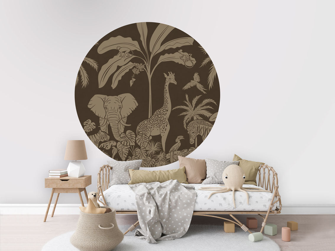 Monochrome Jungle - Circle - Brown Vintage wall circle sticker by Artehub