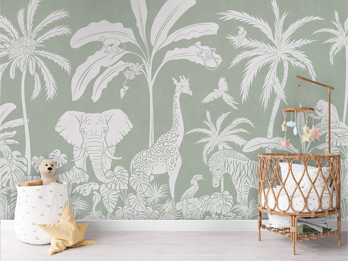 Monochrome Jungle - Green luxury wallpaper in kids room interior — Artehub Egypt