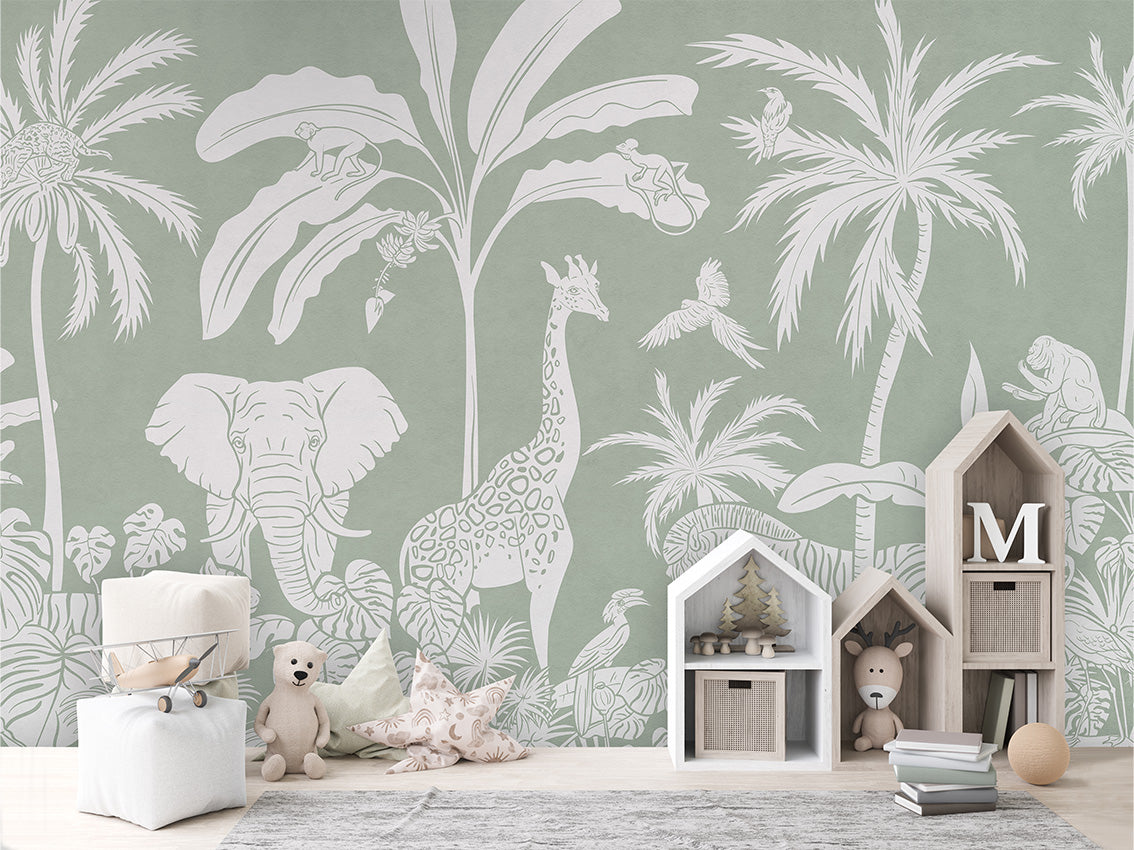 Monochrome Jungle - Green luxury wallpaper in kids room interior — Artehub Egypt
