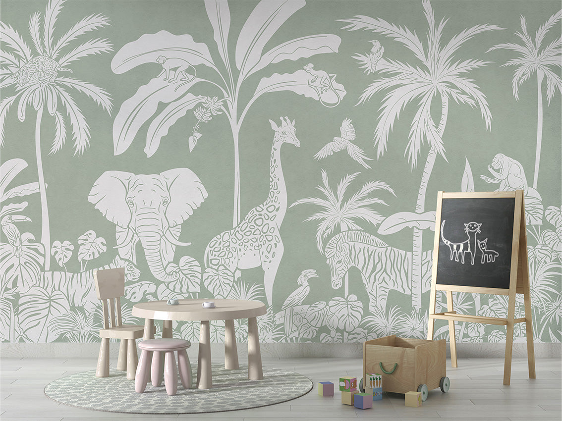 Monochrome Jungle - Green luxury wallpaper in kids room interior — Artehub Egypt