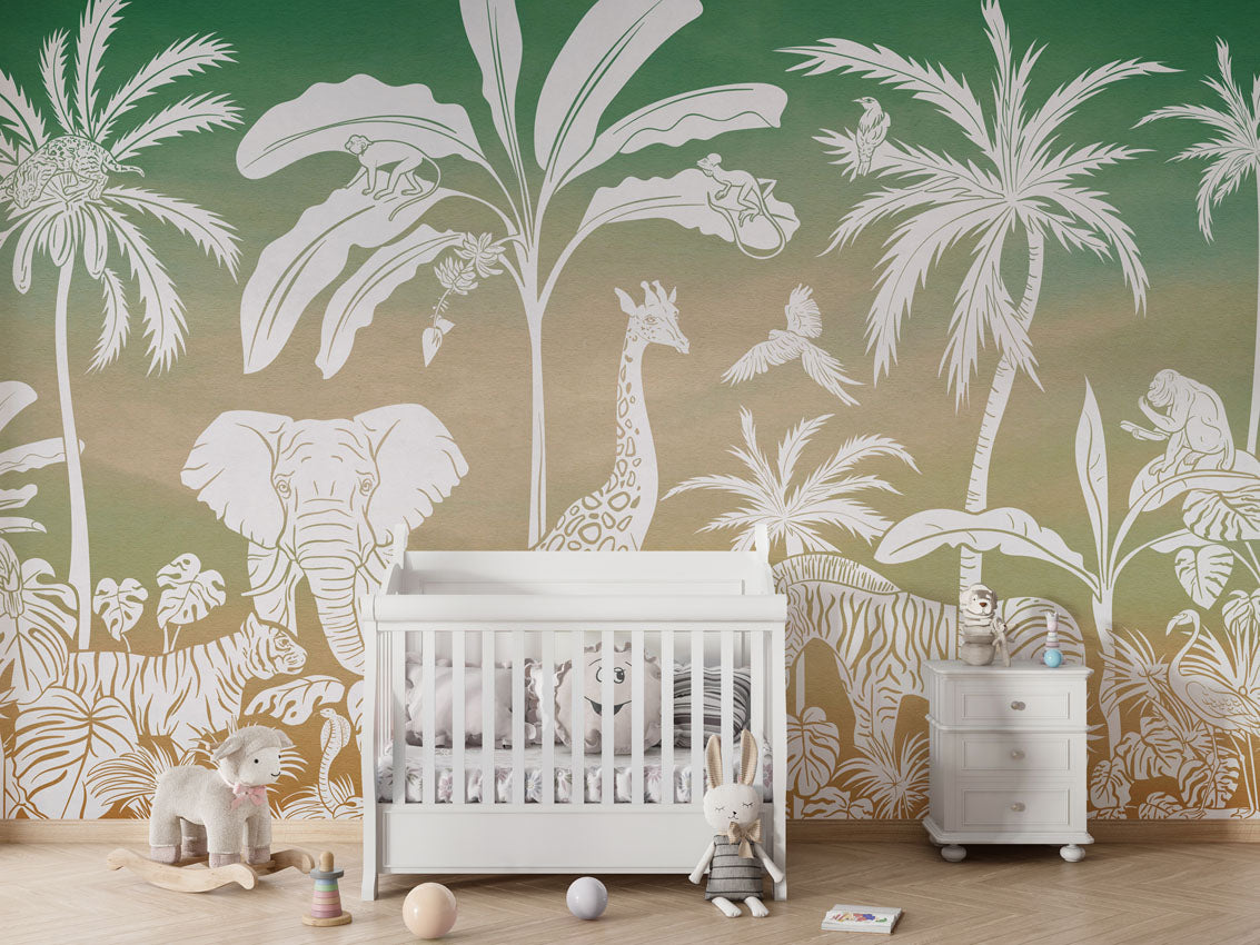 Monochrome Jungle - Green Sky luxury wallpaper in kids room interior — Artehub Egypt