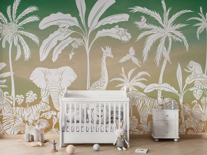 Monochrome Jungle - Green Sky luxury wallpaper in kids room interior — Artehub Egypt