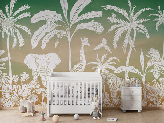 Monochrome Jungle - Green Sky luxury wallpaper in kids room interior — Artehub Egypt