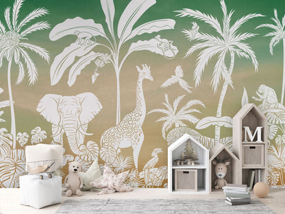 Monochrome Jungle - Green Sky luxury wallpaper in kids room interior — Artehub Egypt