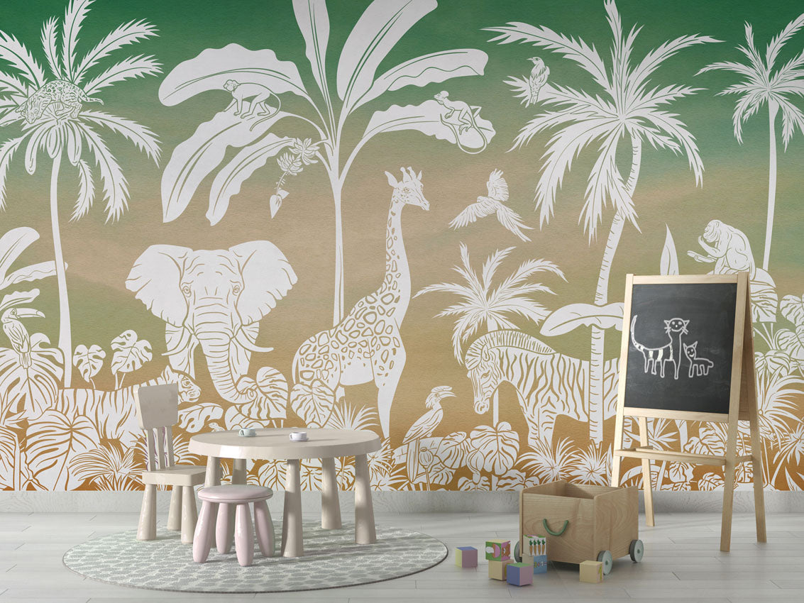 Monochrome Jungle - Green Sky luxury wallpaper in kids room interior — Artehub Egypt